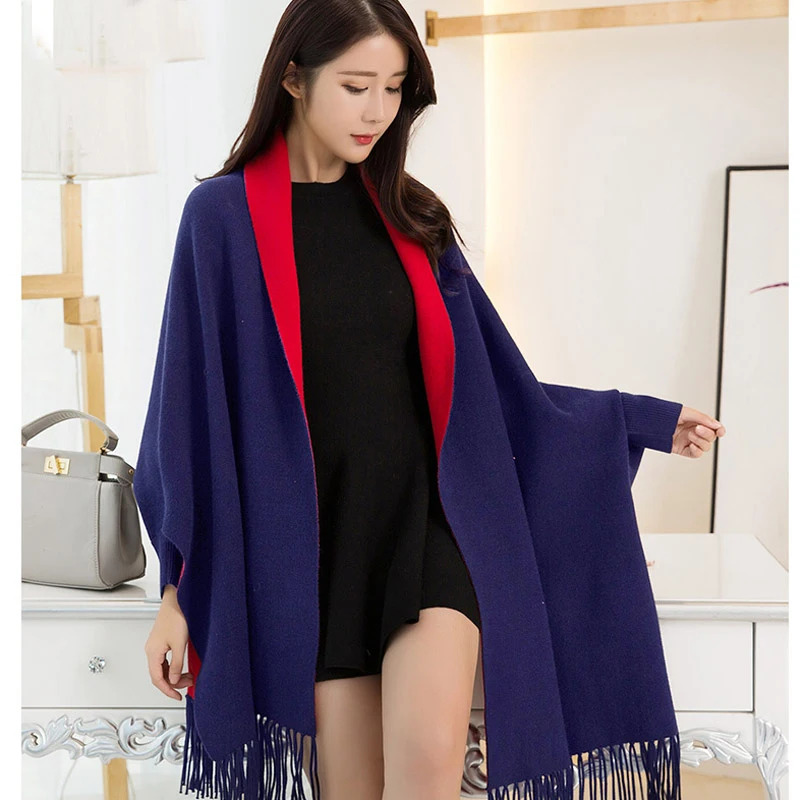 Online Mujeres azul marino Poncho capa 2019 chales y envolturas para damas invierno cálido bufanda estolas gruesa Pashmina Reversible Poncho