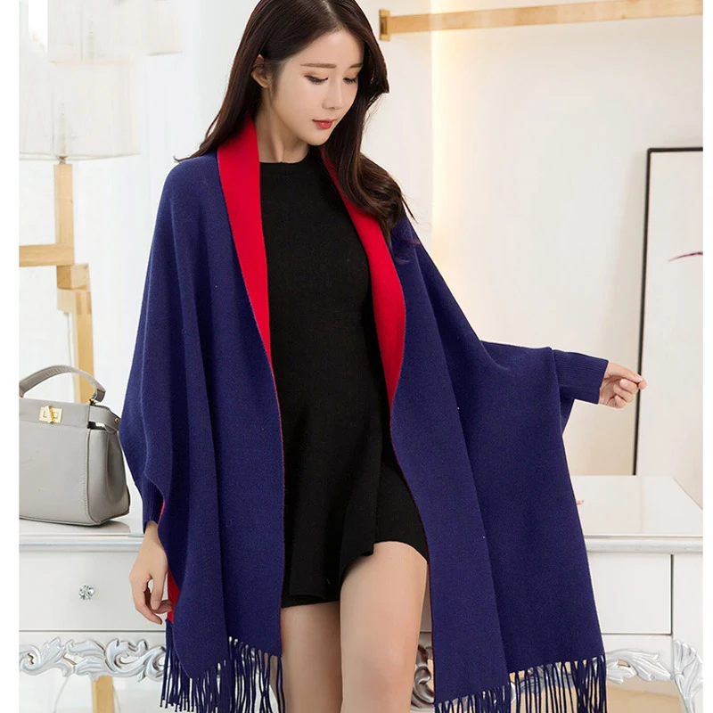 Winter Sleeve Poncho Women Capes Wearable Shawls and Wraps for Ladies Thicken Pashmina Stoles Reversible Black Scarves Ponchos