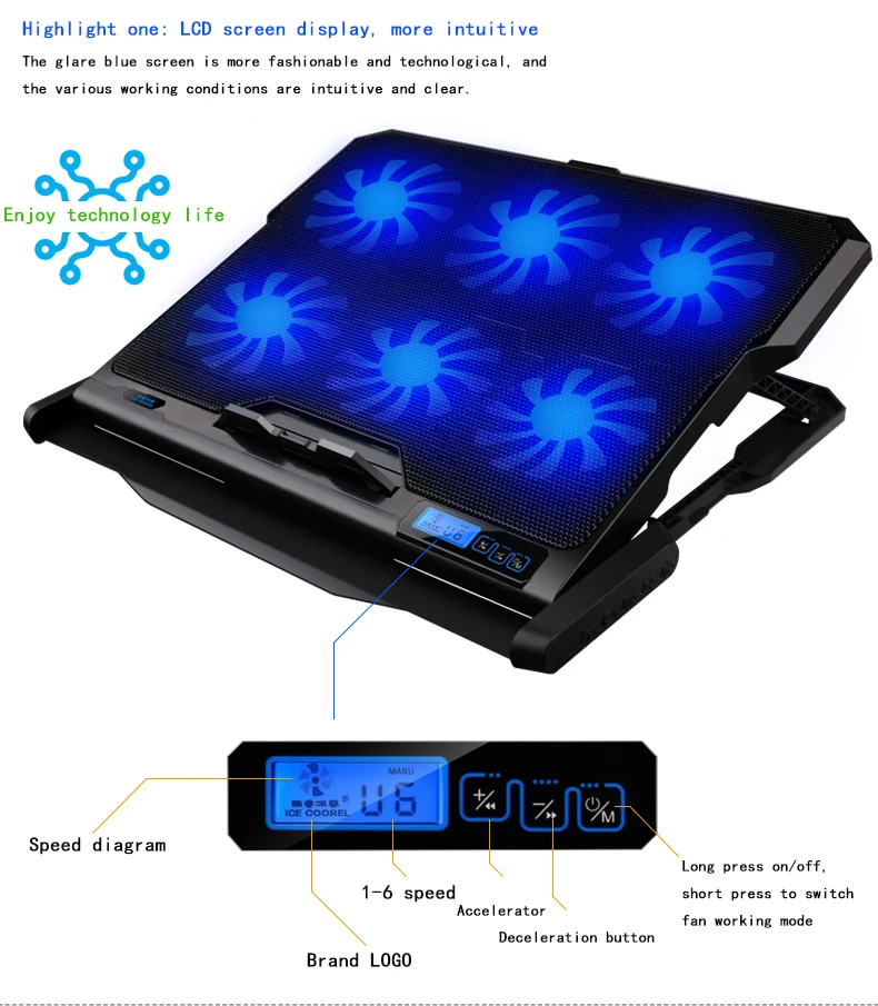 Кулер для ноутбука 2 usb порта и шесть охлаждающих вентиляторов охлаждающая подставка для ноутбука Подставка для ноутбука 12-15,6 дюймов для ноутбука