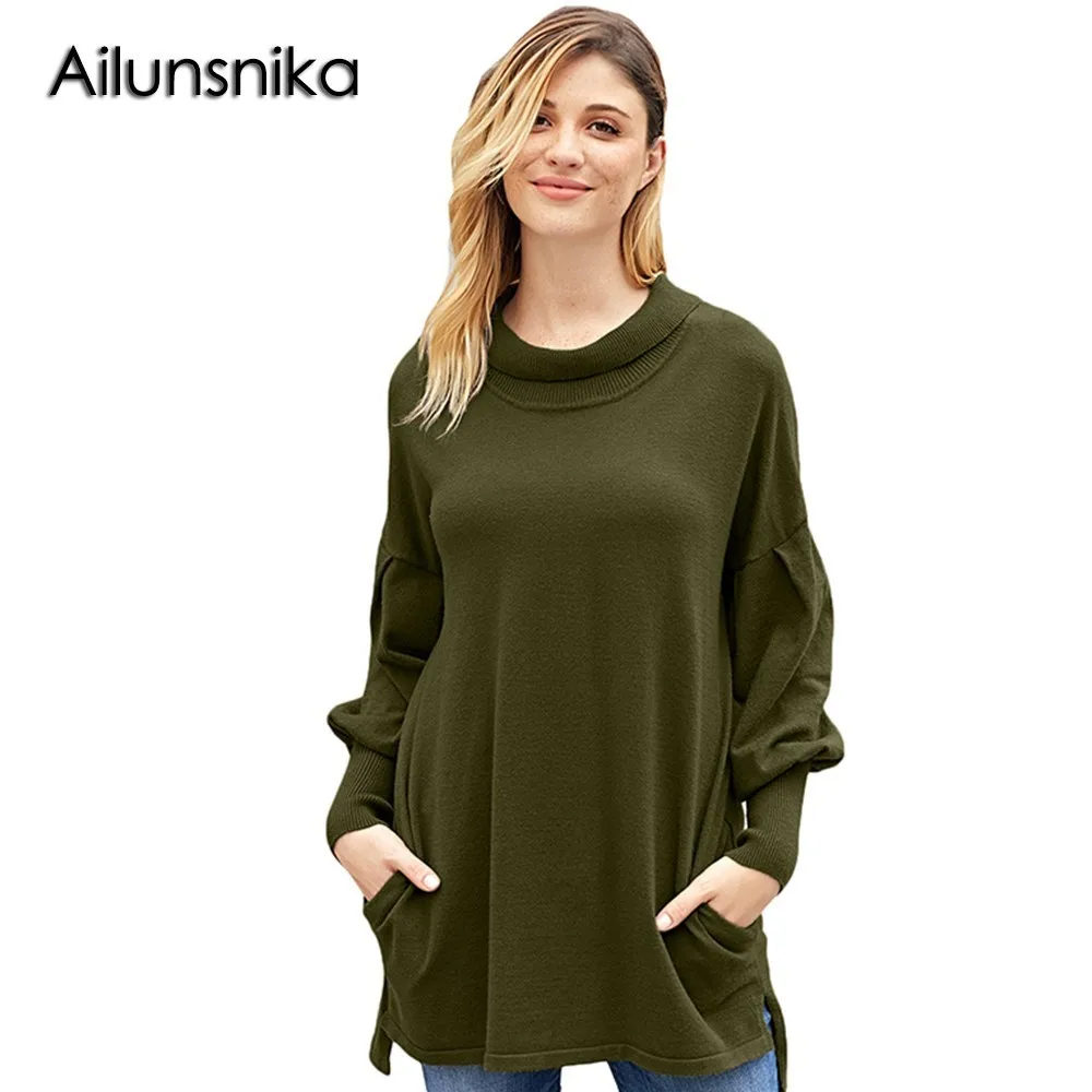 Ailunsnika Women Long Sleeve Loose Pockets Tunic Sweaters Fashion Knitting Solid Simple Autumn Casual Pullover Blouses DL27857 | Женская