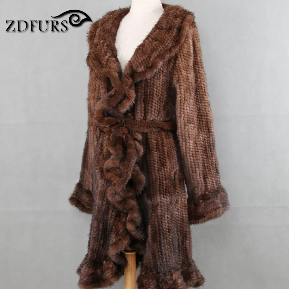 Véritable Brown Femmes Tricoté En black Volant Femelle Manteau Pardessus Vestes Conception Naturelle De Zdfurs Fourrure Luxe Longue Vison Survêtement cEwBxPtqT8