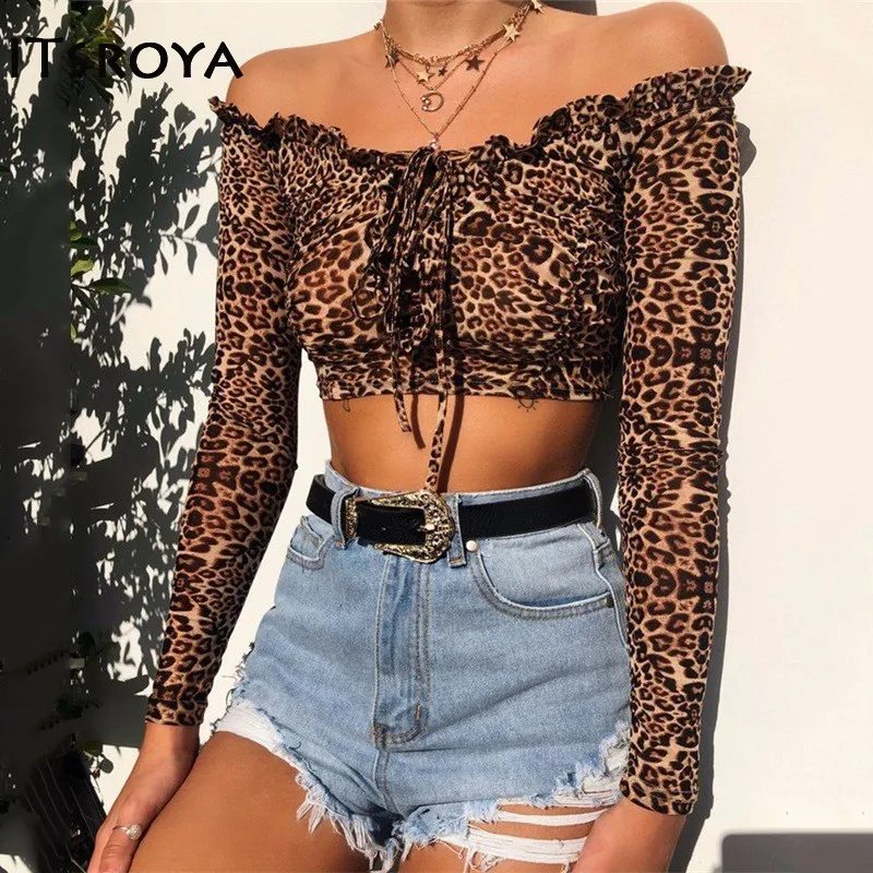 

Itsroya New Style Cover Up Beach Cover Up Bikinis 2018 Mujer Leopard Short Top Cover One Shoulder Wrinkled Petals Bandage Top