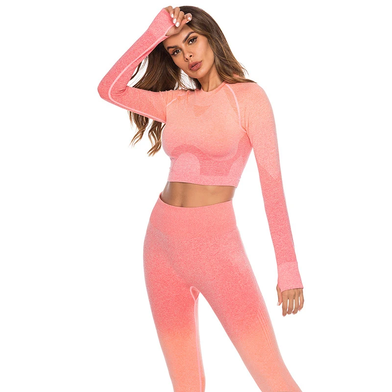 

Yoga Sets Women Gym Clothes Long Sleeve Tops 2 Piece Fitness Suit Knitted Active Wear Workout Clothing Running Exercise Clothes