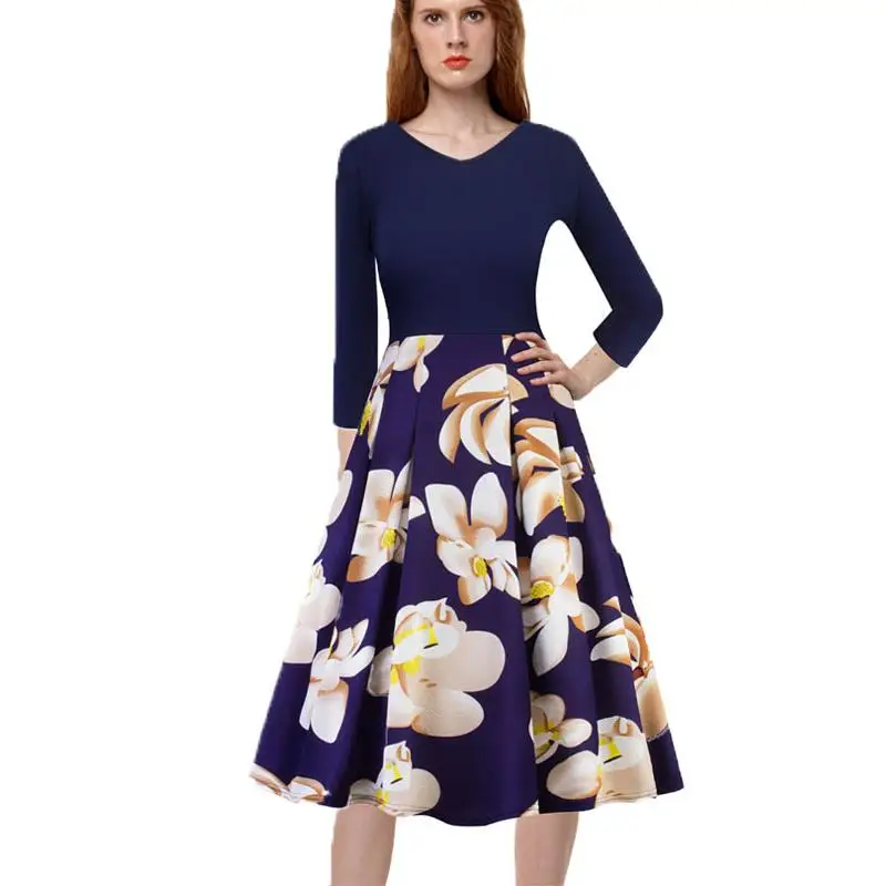 

Женское асимметричное винтажное платье в горошек с v-образным вырезом и контрастными рукавами 3/4 для работы и вечеринок