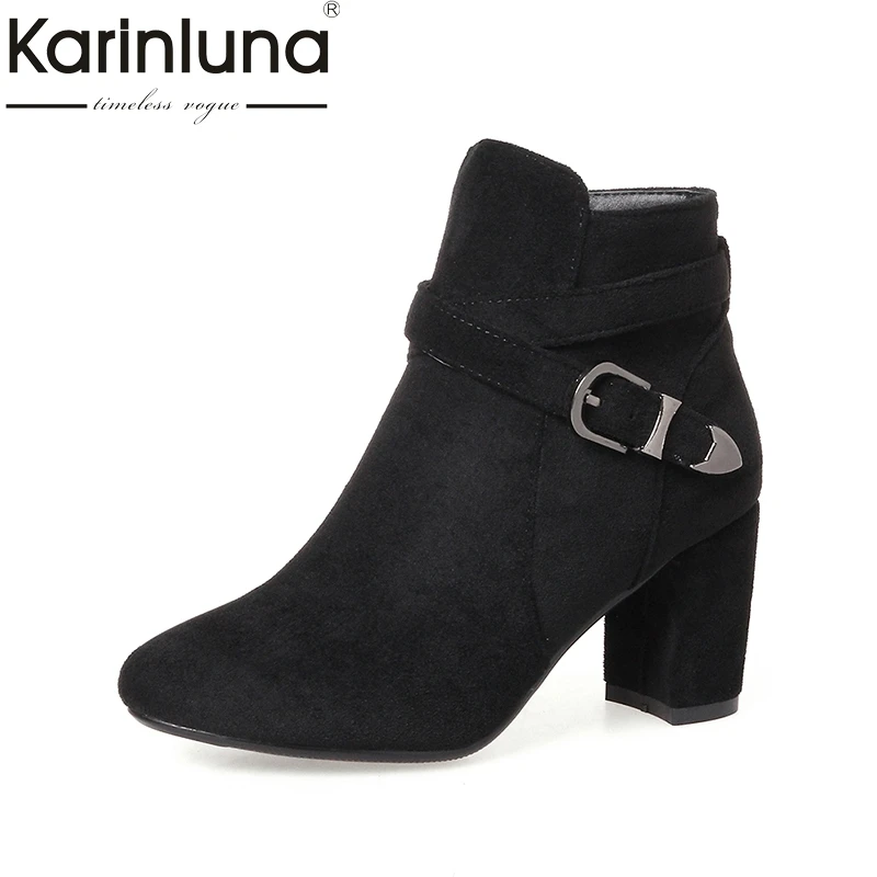 

KAIRNLUNA Top Quality Large Size 31-43 Buckle Ankle Boots Women Shoe Woman Square High Heels Short Plush Winter Shoes Footwear