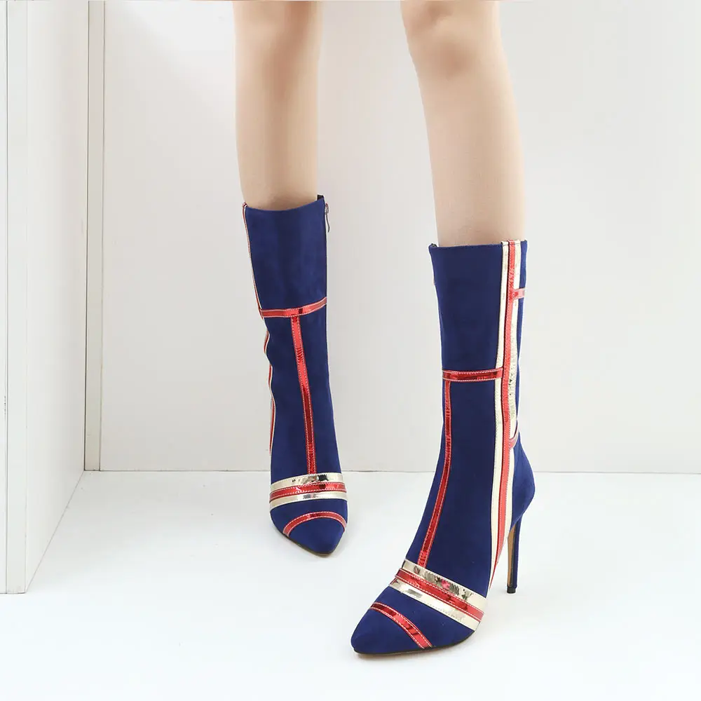 Sgesvier/Сапоги до середины икры на высоком каблуке; женские модные дизайнерские Замшевые полусапожки на молнии с острым носком; большие размеры; OX959 - Цвет: Синий