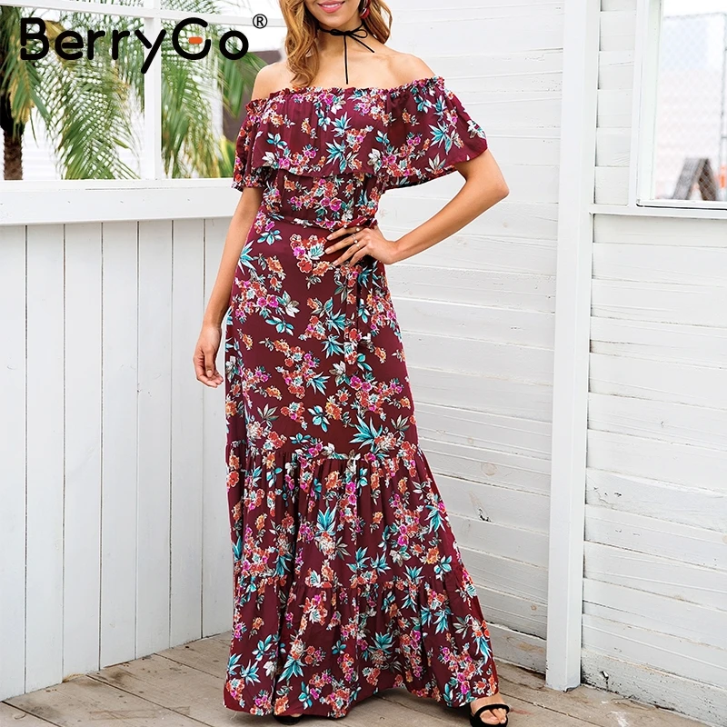 

BerryGo Off shoulder floral print summer dress women Casual boho maxi dress dress Spring elegant female long dress 2018