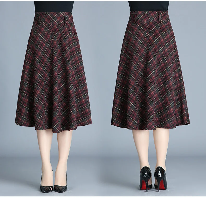 Осенне-зимняя Толстая вязаная юбка Kilt women's A Linie A shape винно-красные миди юбки клетчатые плиссированные большие юбки