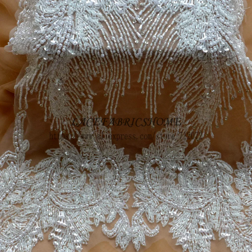 

La Belleza 1 piece white Large super heavy handmade beads pearls lace triming big patch wedding dress Accessories 45X40cm