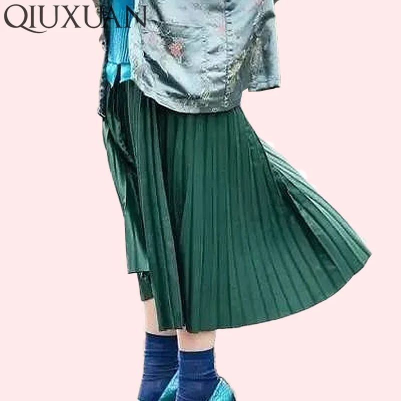 Женская модная плиссированная Однотонная юбка до середины икры с высокой талией, универсальная шифоновая одежда, Женские повседневные эластичные плотные юбки