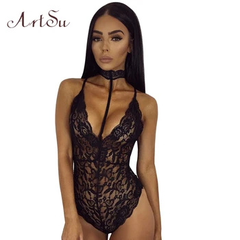 ArtSu Deep V Neck S Women Fashion Solid Black Lace Halter High Leg Bodysuit Sleeveless Slim Sexy Casual Jumpsuit ASJU20025