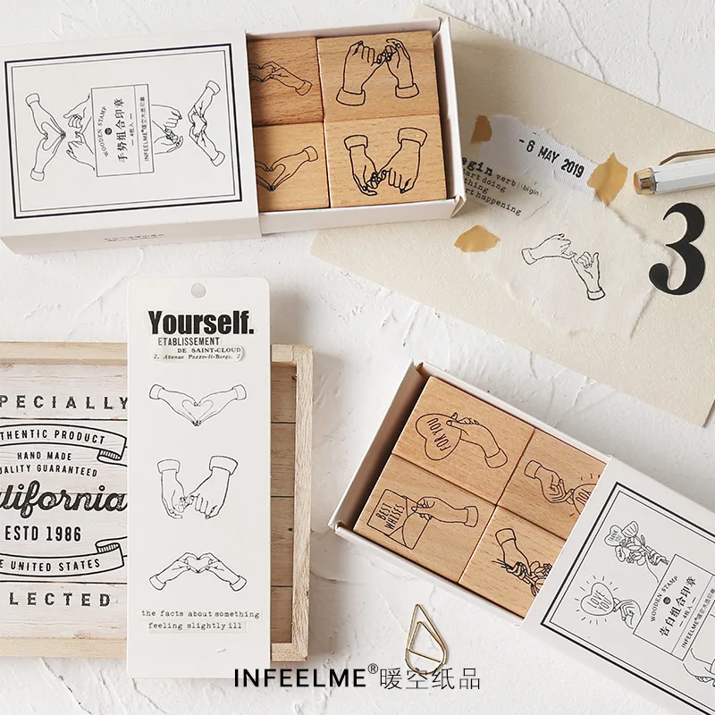 

4 pcs/set Vintage gesture express stamp DIY wooden rubber stamps for scrapbooking stationery scrapbooking standard stamp