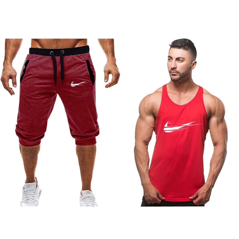 2019 New Summer Men Set 2PC Sporting Suit Short Sleeve Tank top+Shorts Two Piece Set high quality Gym sportwear Tracksuit Men