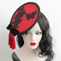 Красный женские фетровая шляпа винтажные Brimless патч с вышивкой и кисточками с бабочками для девочек модные элегантные головные уборы