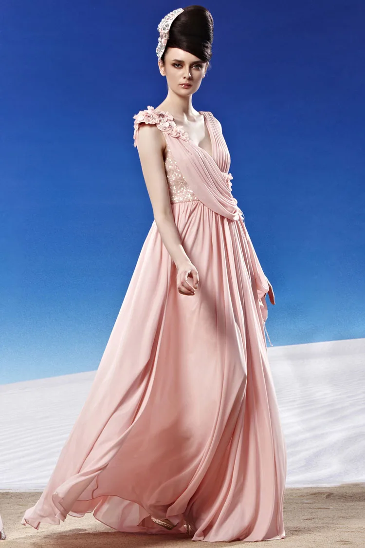 CONIEFOX V ОБРАЗНЫМ ВЫРЕЗОМ РОЗОВЫЙ ДЛИННЕЕ ШИФОНОВОЕ ТАНЦЫ ПЛАТЬЯ 81189|pink long dress|pink dress
