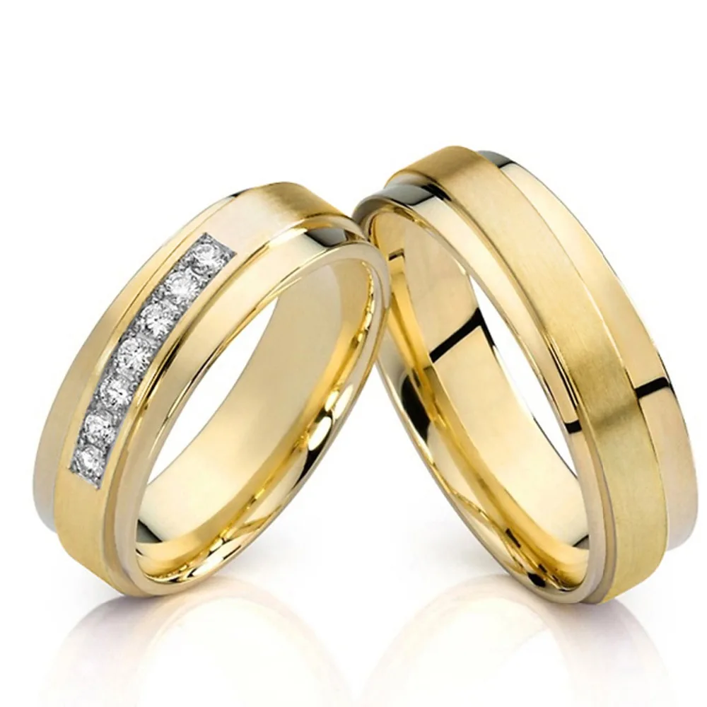 

His and Hers Gold Color Love Alliance Promise Wedding Band Couple Rings pair set aneis Anel de ouro Bague anillos