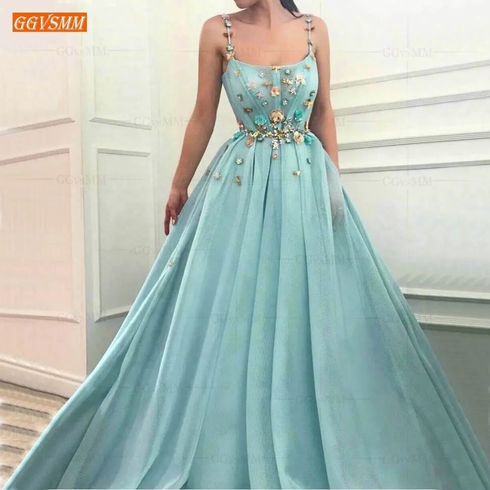 Elegant Tulle Ice Blue Prom Dresses Long 2020 Illusion Sleeveless Slim Fit Formal Dress Prom Spaghetti Strap Evening Party Gowns Elegant Tulle Ice Blue Prom Dresses Long 2020 Illusion Sleeveless Slim Fit Formal Dress Prom Spaghetti Strap Evening Party Gowns
