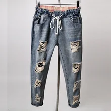 Сезон: весна–лето Высокая талия джинсы Горячая распродажа; женская обувь рваные шаровары джинсовые штаны модные женские джинсы плюс Размеры 4XL