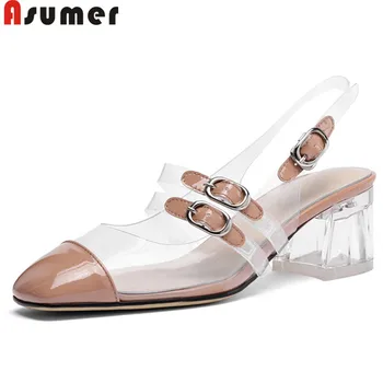 

ASUMER 2020 new pumps women shoes square toe buckle slingback high heels shoes classic prom wedding genuine leather shoes women