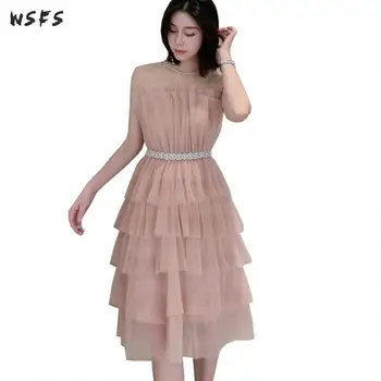 

Summer Cake Pleated Dress Pink Oneck Tank Womes Dresses See Through Elegant Sexy Party Office Ladies Sweet Midi Ball Gown Dress
