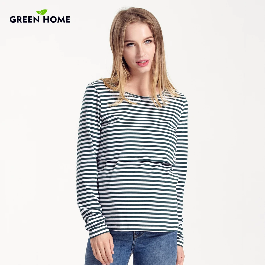 Green Home Maternity T shirt New Arrival Pregnancy Striped Long Sleeve
