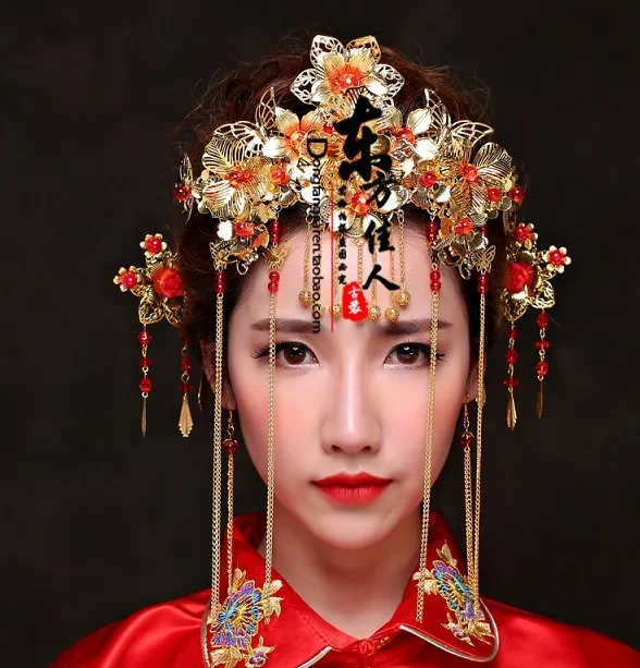 Традиционный китайский свадебный костюм невесты красный XiuHeFu длинный Фэн Gua свадебная одежда с волосами тиары
