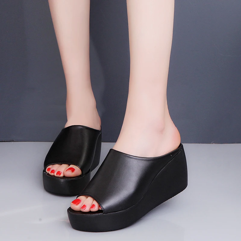 2018 Women Slippers Platform Wedges Leather Wedge Slippers Summer ...