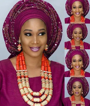 

Luxury Wedding Real Coral Beads Nigerian Jewelry Set African Traditional Wedding Coral Statement Women Jewelry Set Gold CNR172