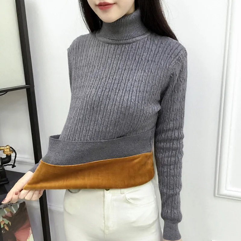 

2018 Winter plus Thick Velvet knit sweater Velvet lining warm Pullover High-necked Sweater female Thick Turtleneck sweater