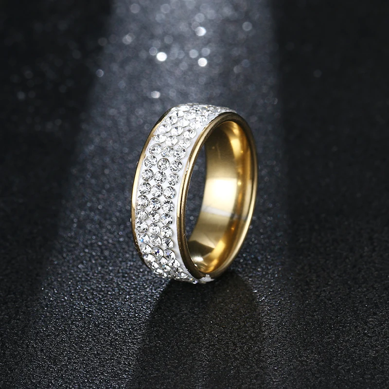 CACANA Full Size 8mm three row clear crystal Stainless steel Wedding rings fashion jewelry Made with Genuine CZ Crystals