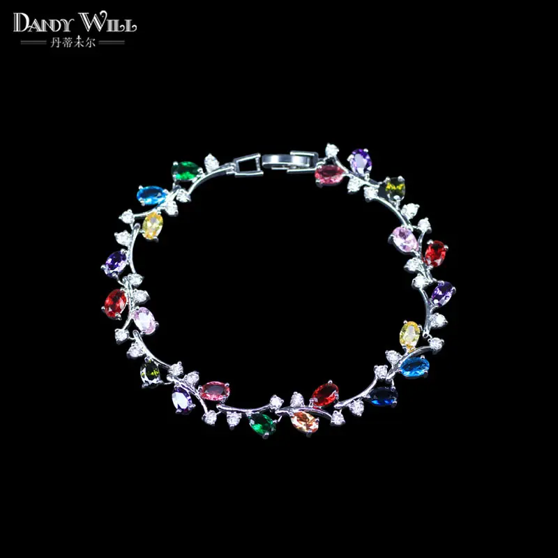 

Brand Beautiful White Gold Color Chain link Fashion Women Multicolor CZ Bracelets Female Jewelry