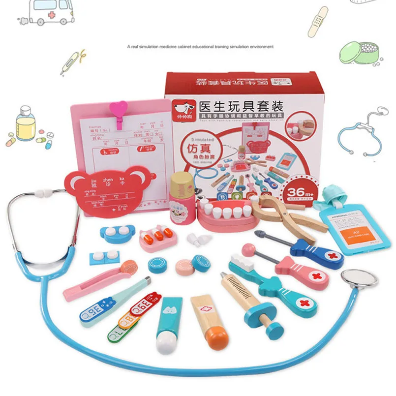 

Children Wooden Doctor Set Toy Dentist Medicine Box Accesories Kit Simulation Doctors Pretend Play House Toys For Kids Baby Gift