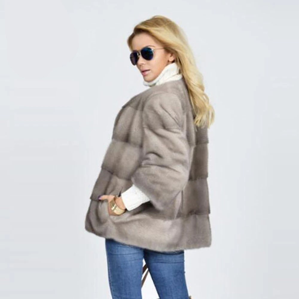 TOPFUR Winter Real Mink Fur Coat Women Natural Mink Fur Thick Warm O-Neck Three Quarter Sleeves Standard Regular Coat Women