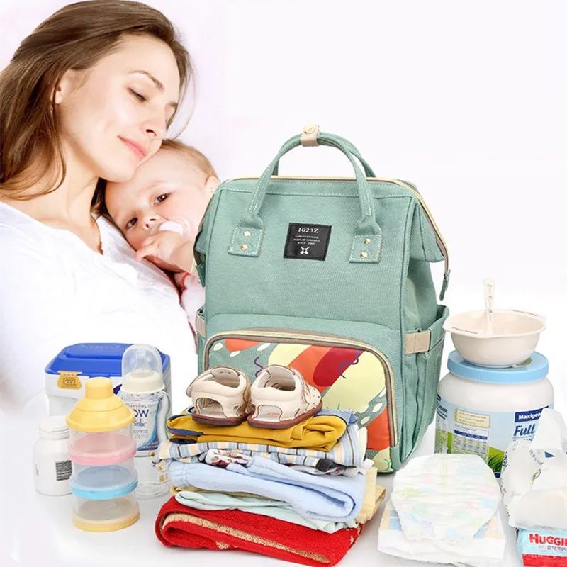 Graffiti Printing Retractable Handle Tablet Bag Inside Patch Pocket Landscape Pattern Insulation Mother Diaper Backpack02