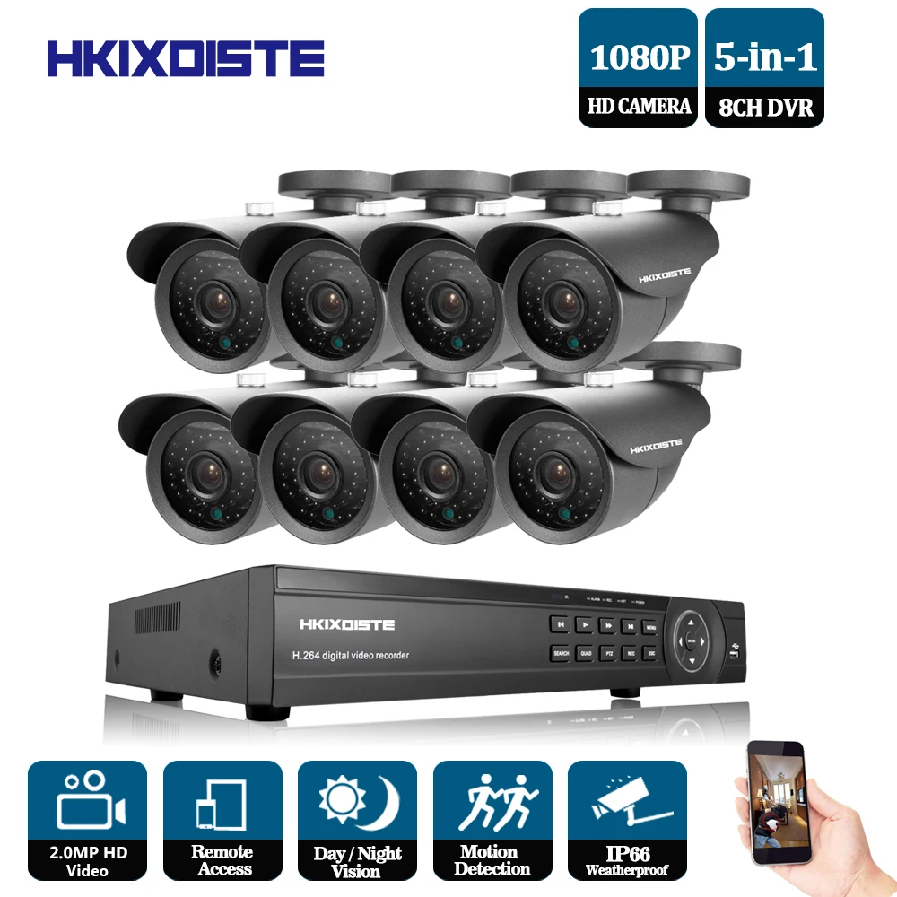 

HKIXDISTE HD Outdoor Security Camera System 1080P HDMI CCTV Video Surveillance 8CH 1920*1080P AHD DVR Kit AHD 2.0MP Camera Set