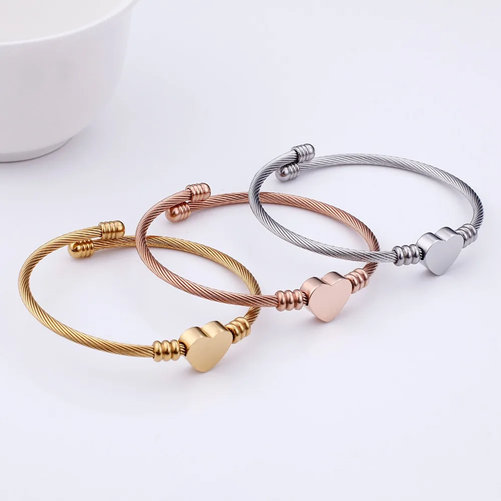 

KALEN 3pcs/set Heart Bangles Women Girls Stainless Steel Adjustable Classic Cute Wire Bracelet Female Fashion Jewelry