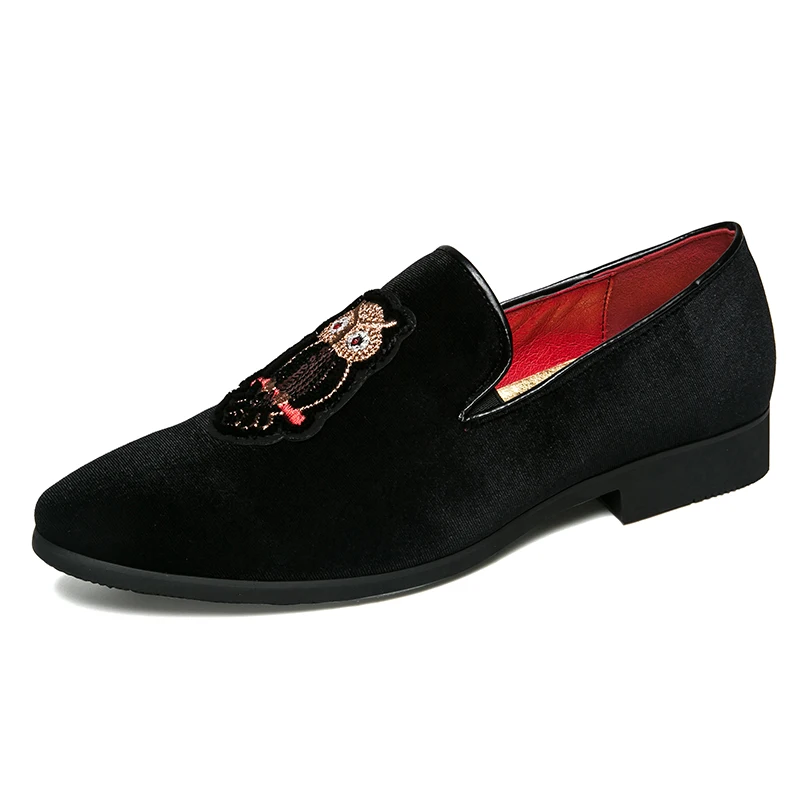 

mens big size banquet nightclub dress velvet leather shoes owl embroidery slip-on lazy driving shoe comfort breathable loafers