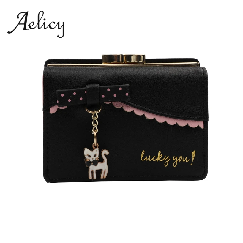 

Aelicy Short Wallet Cute Bowknot Quality Leather Women Metal Hasp Coin Purse Casual Fashion tri-fold Wallets Money Clutch Small