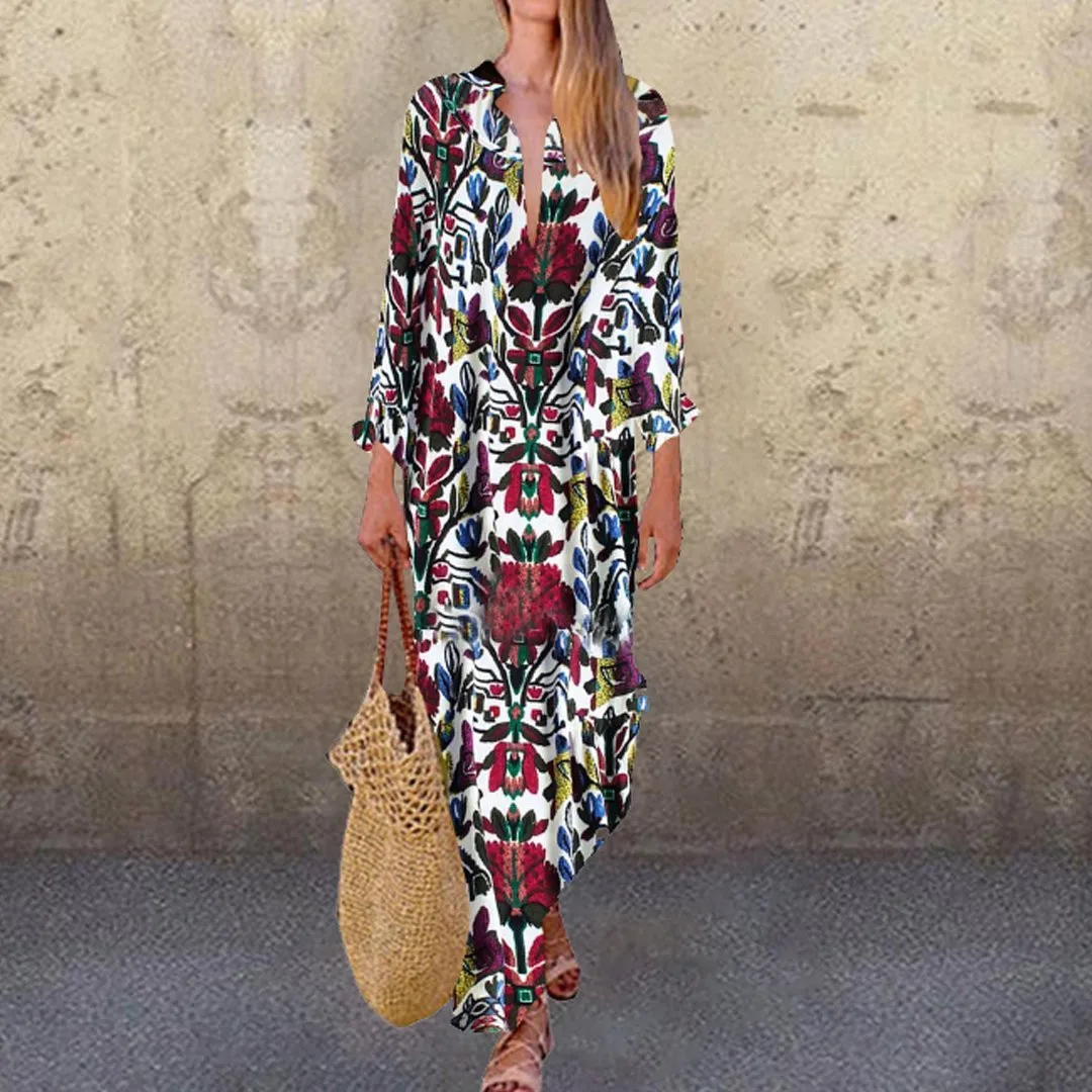 

sexy dress Plus Size Women Vintage Printed Deep V Cotton Linen Long Sleeve Dresses party dress robe femme dropshipping