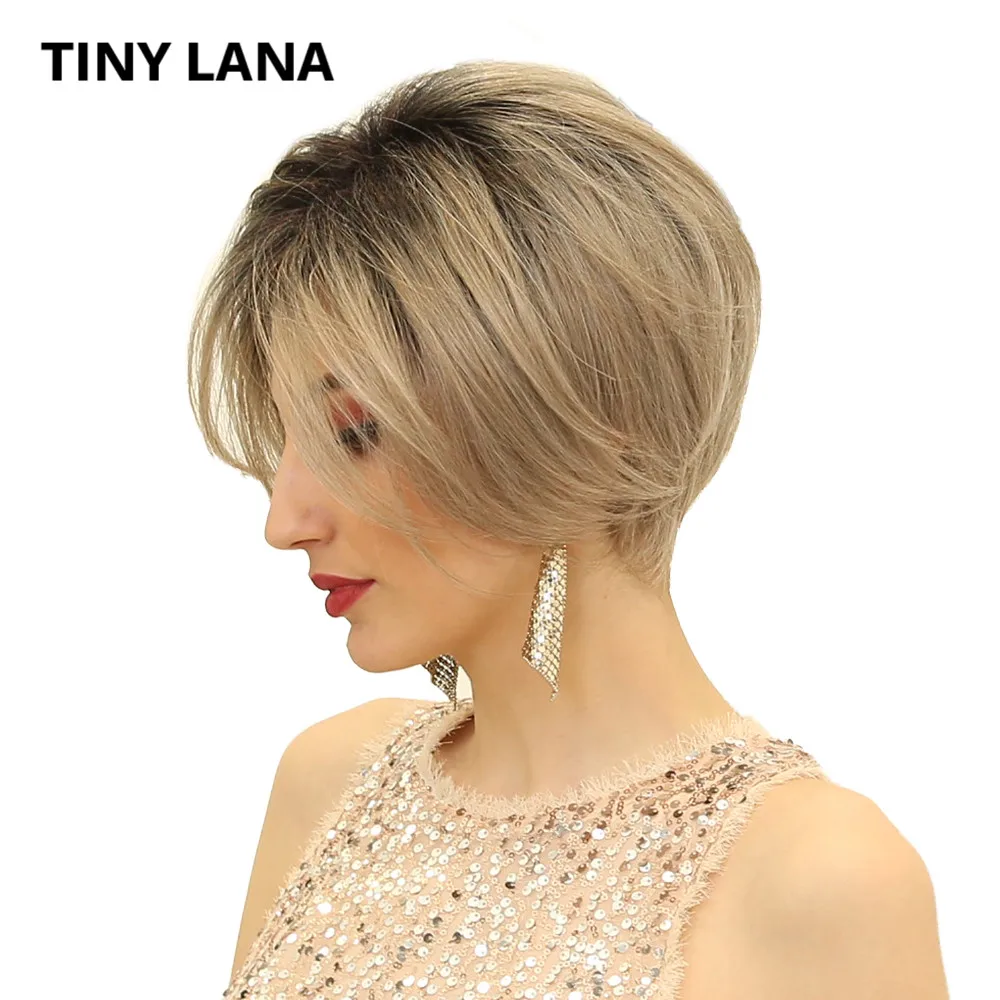 

TINY LANA Women's Wigs 12"Ombre Short Fluffy Short Straight Natural Blend Hair Synthetic Hair Wig With Bangs