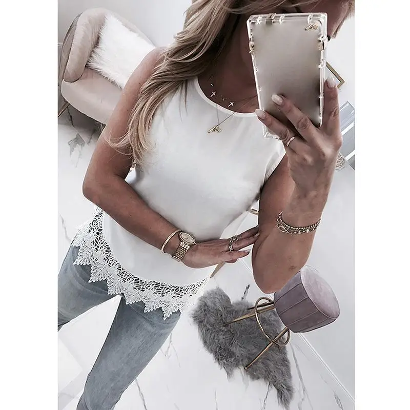 

Summer 2019 Womens Backless Tops Lace Patchwork Sleeveless Solid T Shirt Women Blusas Feminina Tshirt SJ2970C
