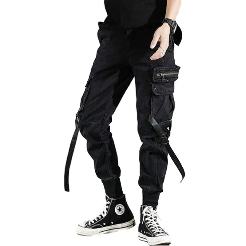 Idopy Мужские брюки карго с несколькими карманами Марка New FASHION Hi Street сини военно-морского флота цифров узкого кроя с манжетами шаровары для мужчин - Цвет: Черный