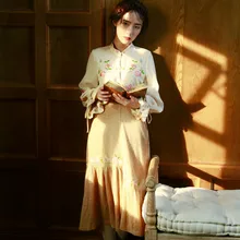 Осенняя Женская трикотажная юбка с изысканной вышивкой