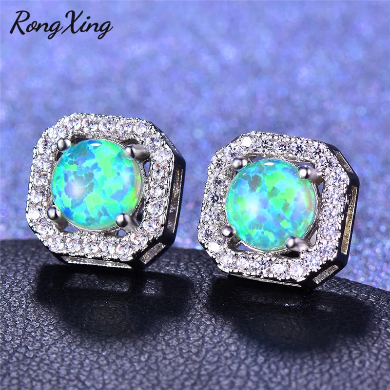 

RongXing 925 Sterling Silver Filled White/Blue/Green Fire Opal Zircon Square Stud Earrings for Women Rainbow Birthstone Earrings