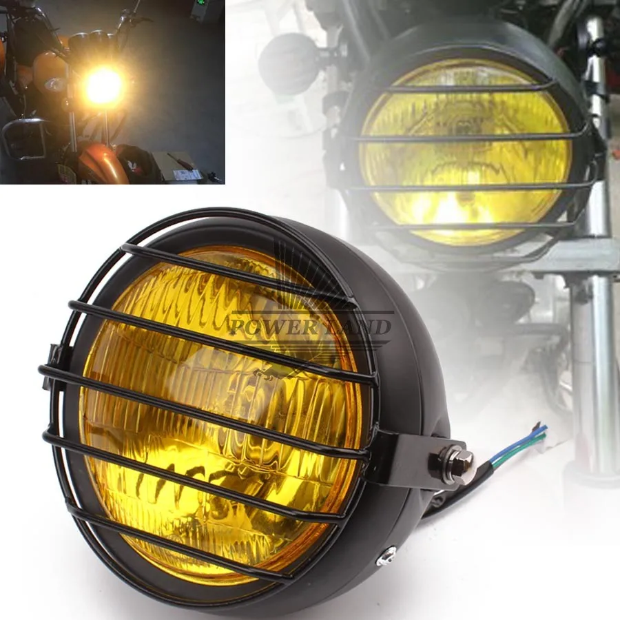 12V Motorcycle Black Metal Yellow Lens Retro Hi/Low Bean Blub Front