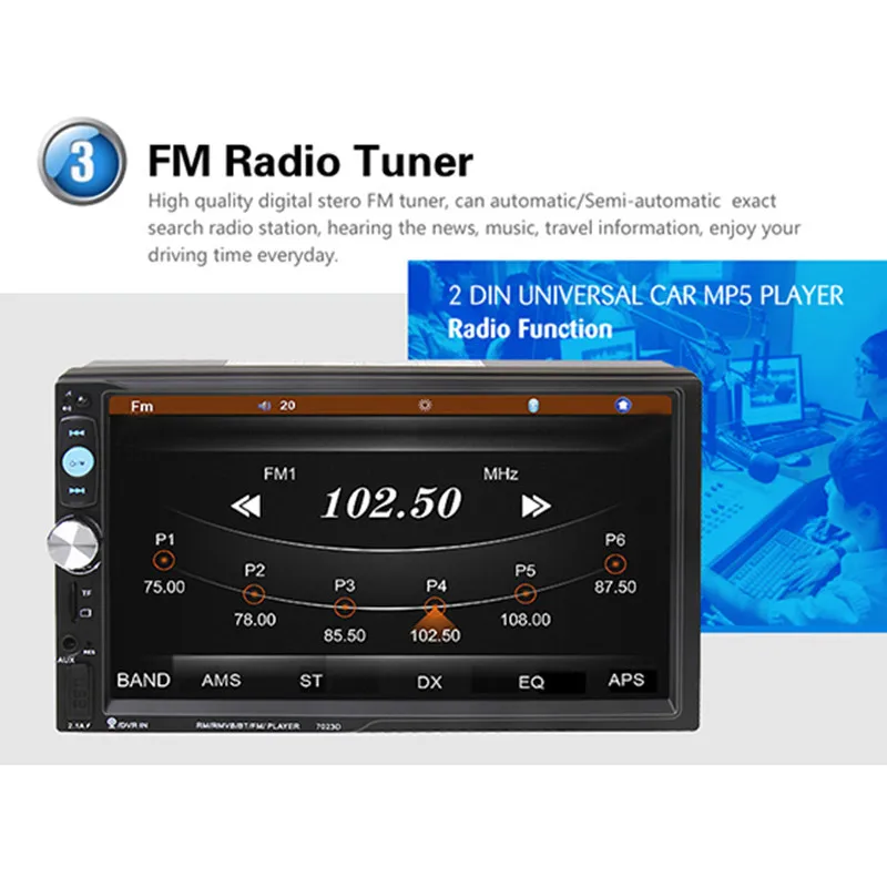7023D 7 дюймов 2 DIN Bluetooth HD стерео аудио MP5 плеер с кардридером FM радио Быстрая зарядка Поддержка USB/AUX/DVR