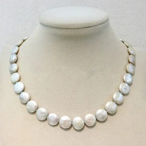 

FREE shipping>>>>>Fresh water pearl necklace Coin shape white12-13 mm 17INCH Metal clasp