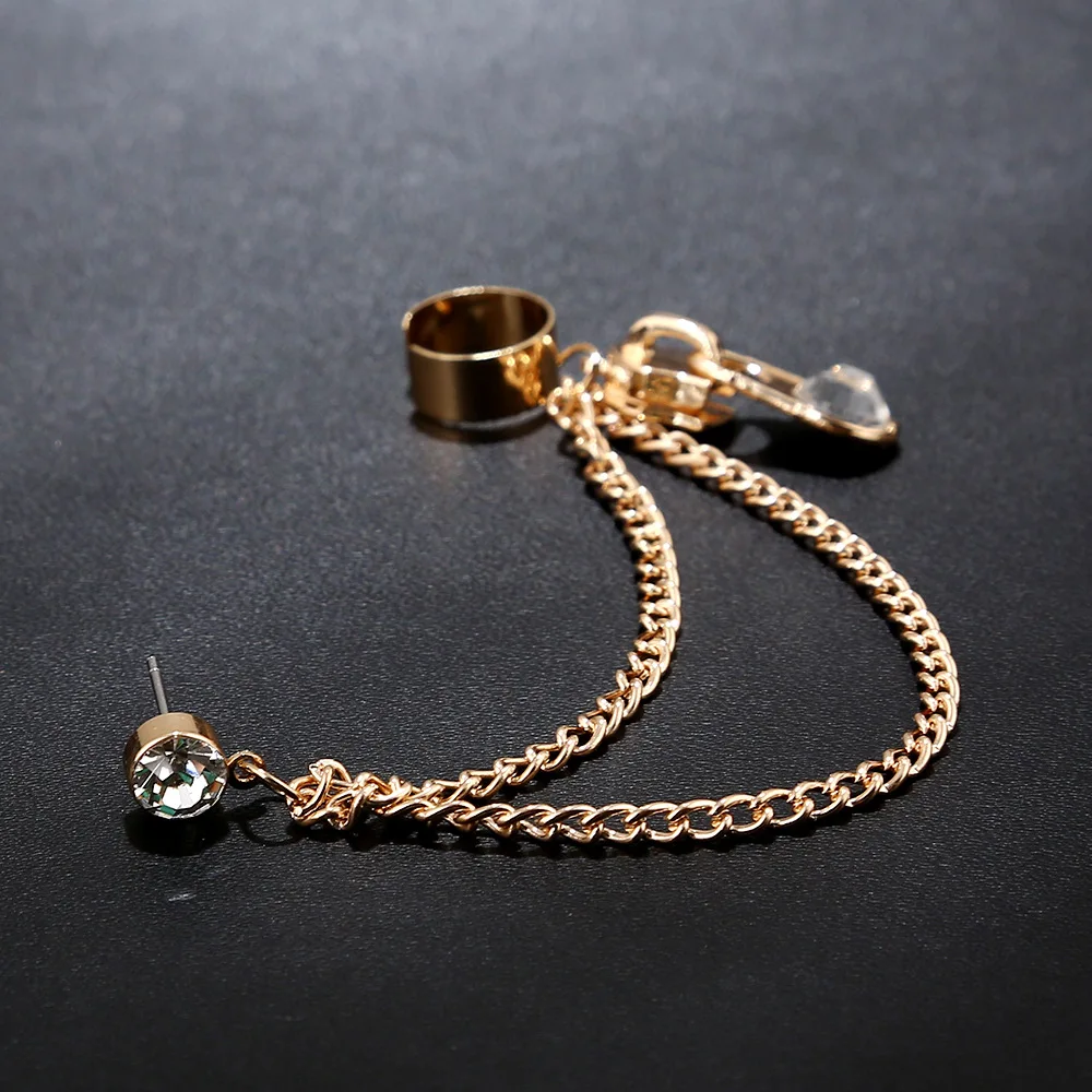 

ZLDYOU Fashion Punk Zipper Chain Ear Cuff Crystal Personality Creative Earcuffs Long Tassel Women Best Friend Gifts Clip Earring