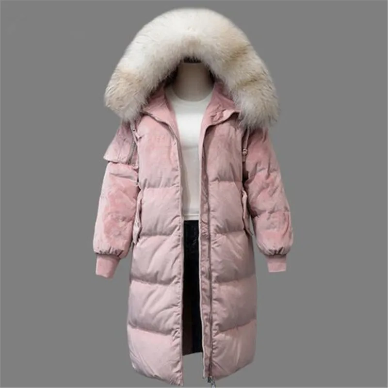 

2019 Raccoon Fur White Duck Down Jacket Woman Winter Goose Feather Coat Long Thicken Warm Velvet Parka Hooded Outerwear