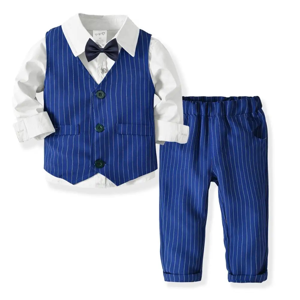 

New Boys gentleman clothes spring children's bow cotton shirts +plaid/striped vest+trousers suit banquet clothes kids party gift